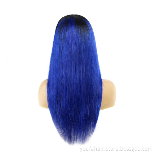Brazilian Virgin Human Hair 1b/blue Ombre Color 4x4 HD Lace Closure Wig Pre Plucked Transparent Lace Front Wigs with Baby Hair